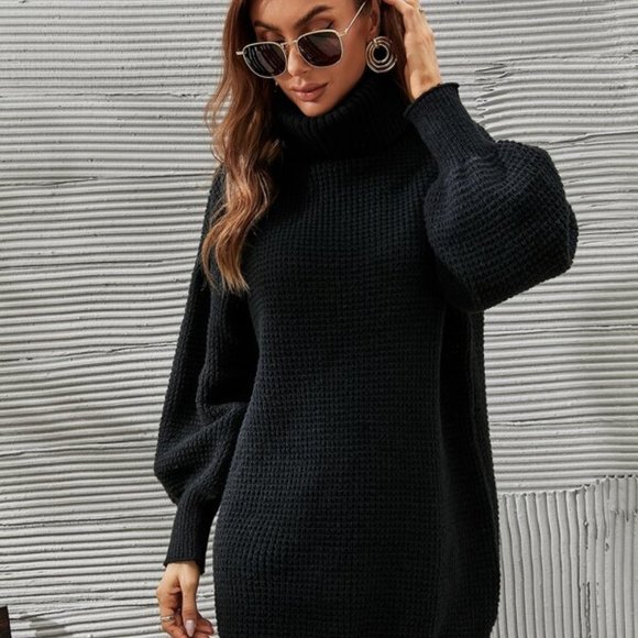 Classic Black Knit Mini Sweater Turtleneck Dress - Picture 6 of 8